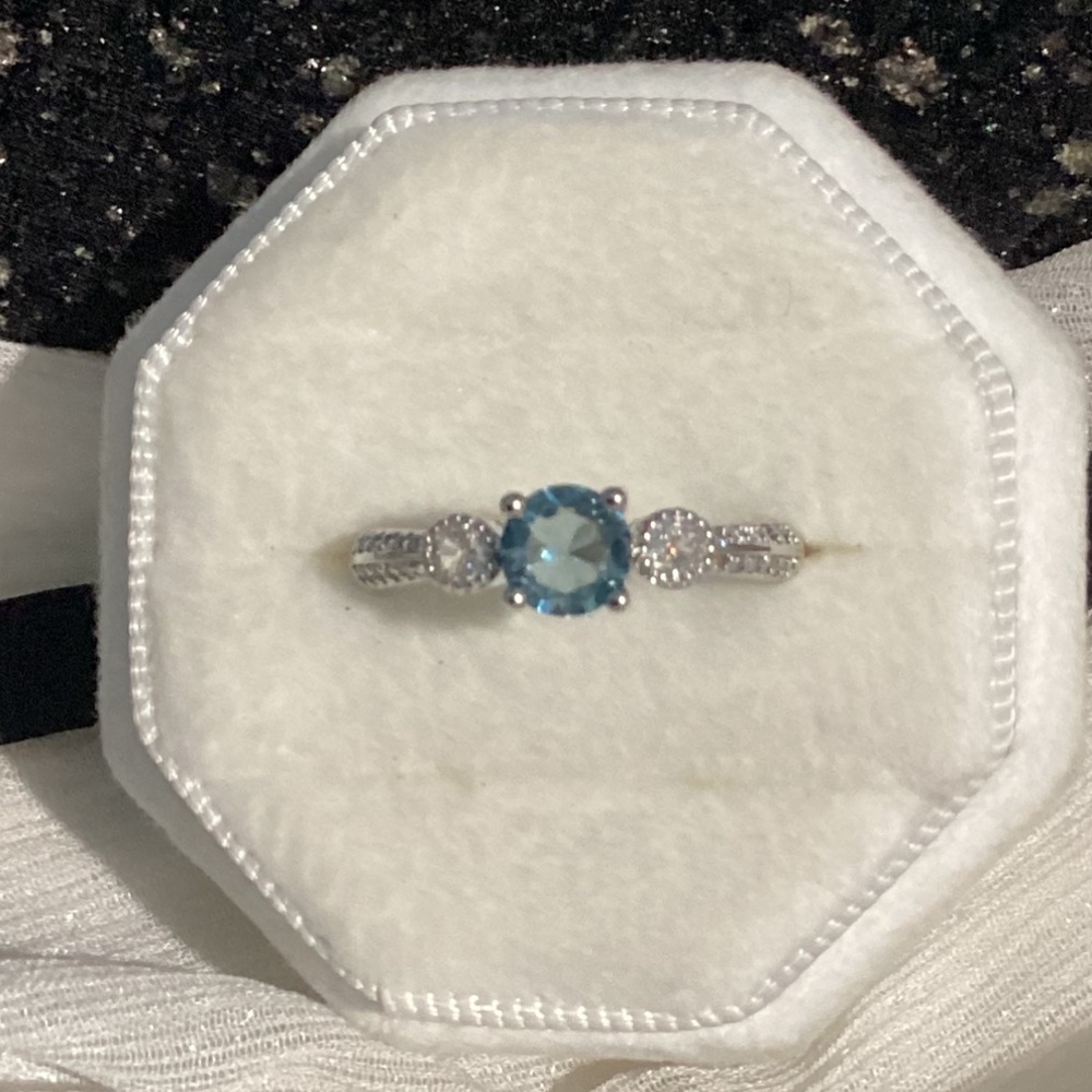 💙 Sterling Silver Brilliant Cut Teal Simulated Sapphire Ziron ring